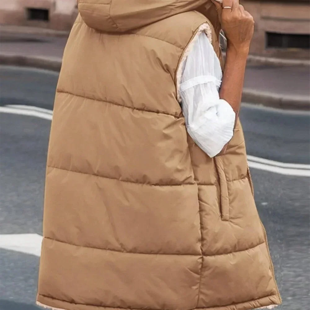 Light Camel Casual Women's Reversible Sleeveless Hooded Vest Jacket - Picture 3 of 6